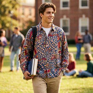 Vintage Esprit Abstract Print Button Down Shirt Polynosic Blue Medium Rare Retro